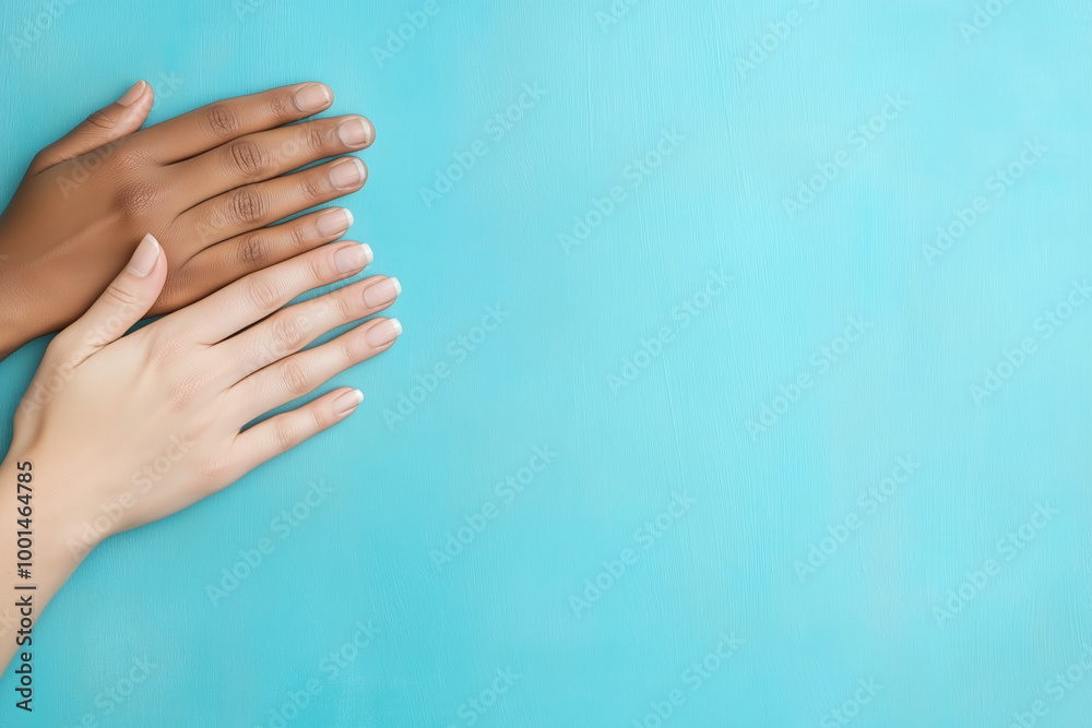 Hands of different skin tones resting together on a vibrant blue surface in a display of unity Hands of different skin tones resting together on a vibrant blue surface in a display of unity