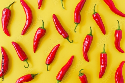 Red chili peppers arranged on a bright yellow background, creating a striking contrast and showcasing their bold color and spicy appeal in a minimalistic, eye-catching composition