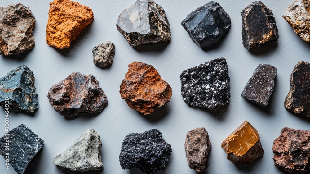A close-up shot of meteorite samples collected on Earth, highlighting their textures and colors against a neutral background A close-up shot of meteorite samples collected on Earth, highlighting their textures and colors against a neutral background
