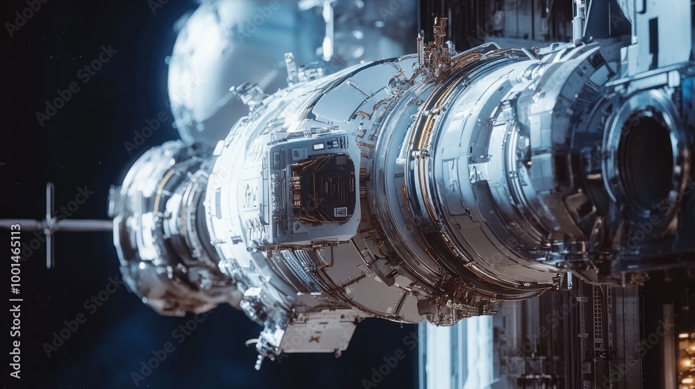 A close-up view of a space station's environmental control systems, showcasing technology that sustains life in orbit A close-up view of a space station's environmental control systems, showcasing technology that sustains life in orbit