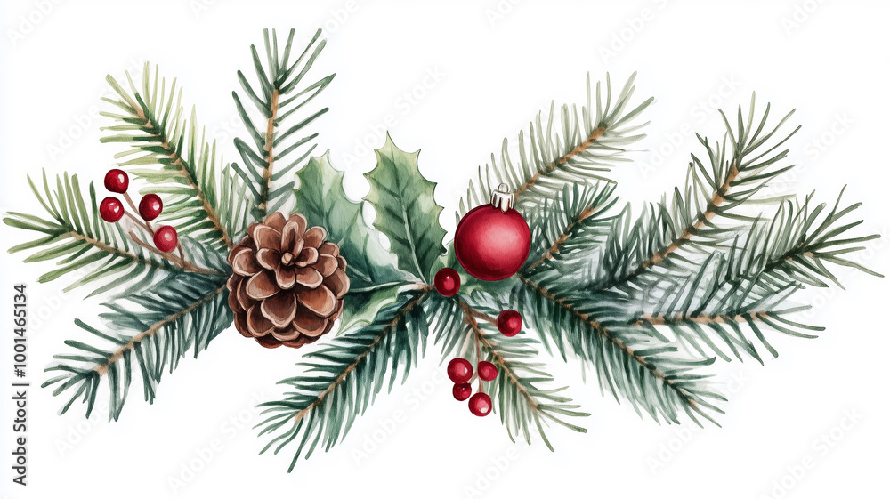 Watercolor composition of traditional Christmas elements featuring branches, red berries, ornaments Watercolor composition of traditional Christmas elements featuring branches, red berries, ornaments
