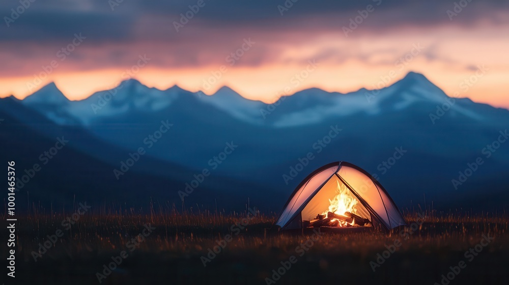 Camping on a high mountain plateau, warm campfire, peaceful and serene Camping on a high mountain plateau, warm campfire, peaceful and serene