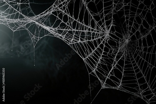 Detailed spider webs with dewdrops on a dark background