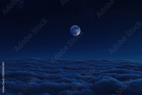 Moonlit sky over a sea of clouds with a starry background