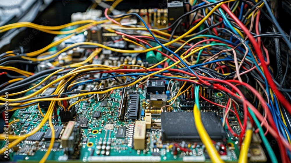 A detailed view of complex wiring behind a computer or electronic device, with clear organization of cables. A detailed view of complex wiring behind a computer or electronic device, with clear organization of cables.