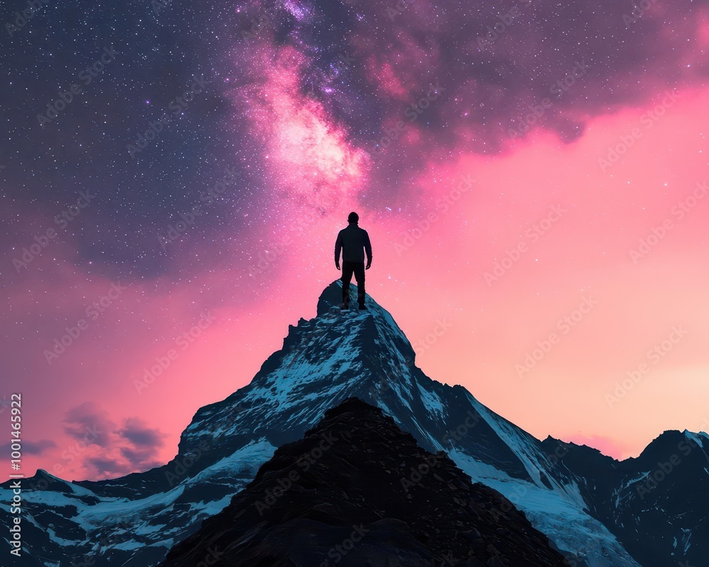 Fototapeta premium Mountain peak camping under the Milky Way, adventure and tranquility combined