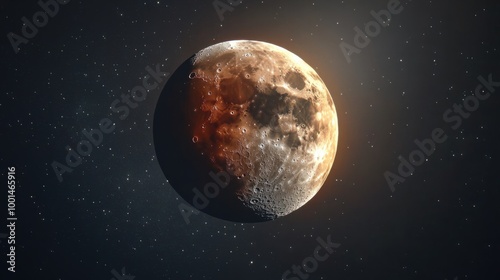 A close-up view of the Moon during a lunar eclipse, with a reddish hue visible as the Earth shadow passes over it photo