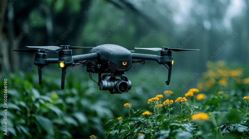 Drone Flying Over Yellow Flowers in the Rain