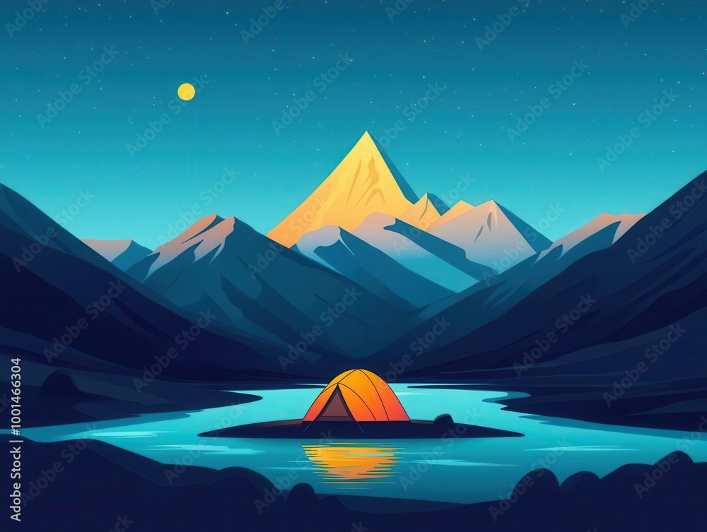 Camping by a mountain stream, surrounded by high peaks, peaceful and adventurous Camping by a mountain stream, surrounded by high peaks, peaceful and adventurous
