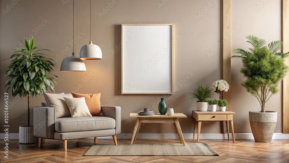 Cozy home interior with modern poster mockup for showcasing artwork or photography Cozy home interior with modern poster mockup for showcasing artwork or photography