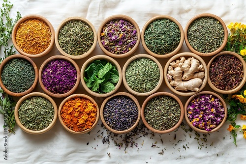 A row of bowls filled with various herbs and spices