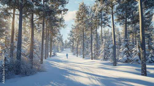  Cross-country skier gliding through a snow-covered forest