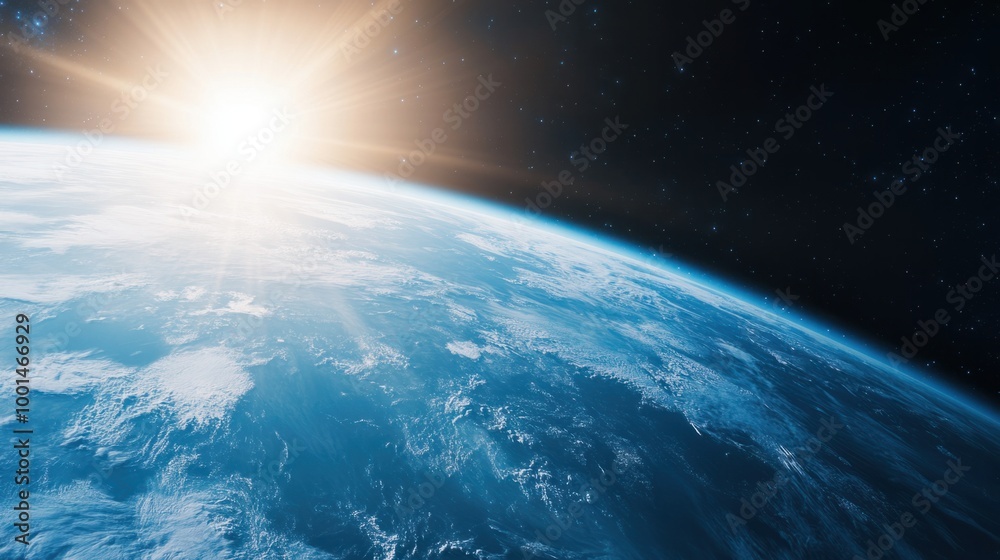 A distant view of Earth as a blue marble in space, its vibrant surface glowing under the bright sunlight A distant view of Earth as a blue marble in space, its vibrant surface glowing under the bright sunlight