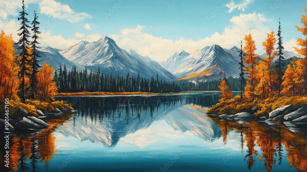 Serene landscape painting of a mountain range with a lake in the foreground, trees reflecting on the water. Perfect for calming wall decor.