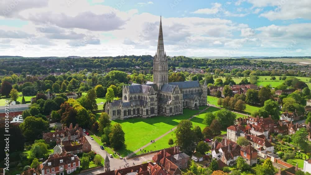 Aerial shot of Salisbury cathedral in late summer sunshine