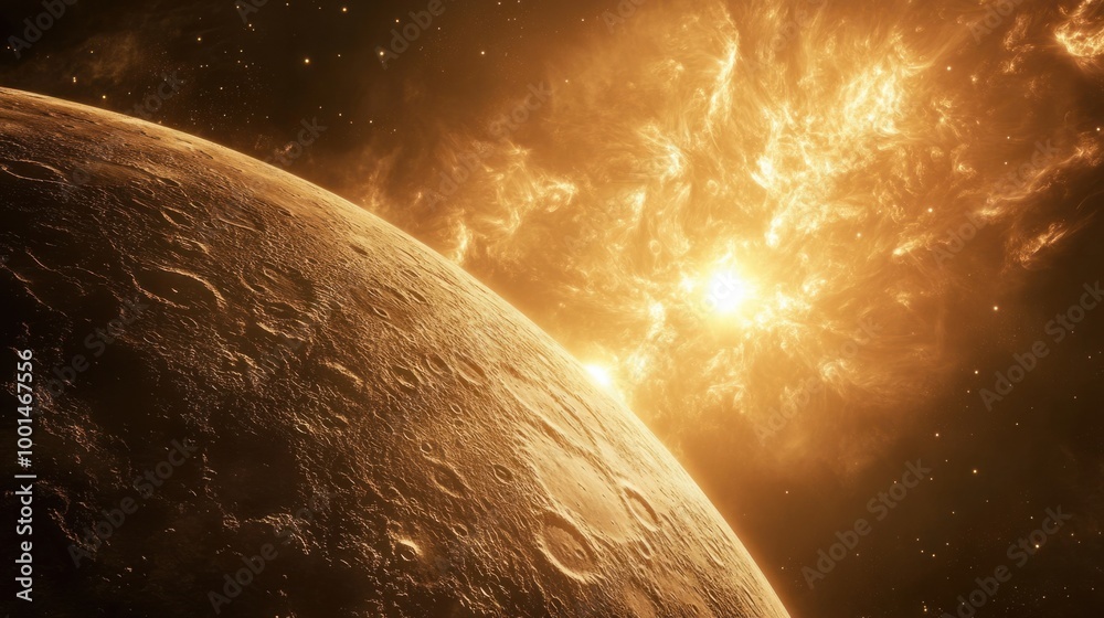 Fototapeta premium A distant view of Mercury, with the Sun looming large, casting harsh light and deep shadows across its rocky surface