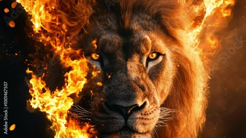 Lion’s head engulfed in flames with a dark background, symbolizing strength and power