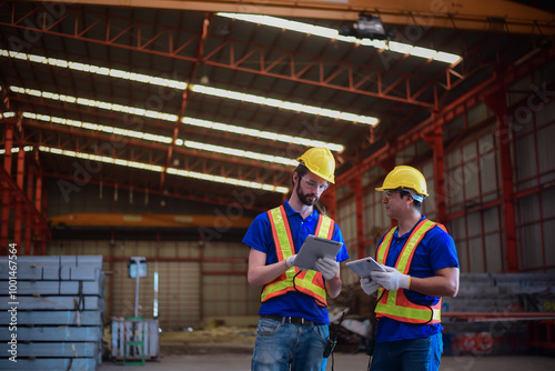 Civil Engineer or Construction engineer and foreman having Check project progress and discussion together for a building plan and architecture development at the construction site of factory