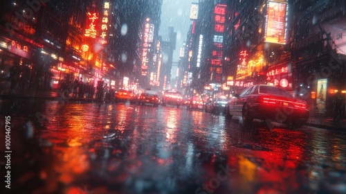 City Traffic in Rainy Night with Red and Neon Reflections