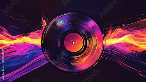 Retro vinyl record with colorful sound waves in vibrant neon hues on a dark background
