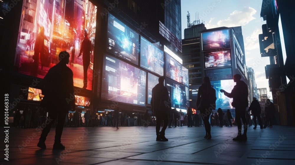 Futuristic Urban Street with Giant Digital Billboards and Neon Lights