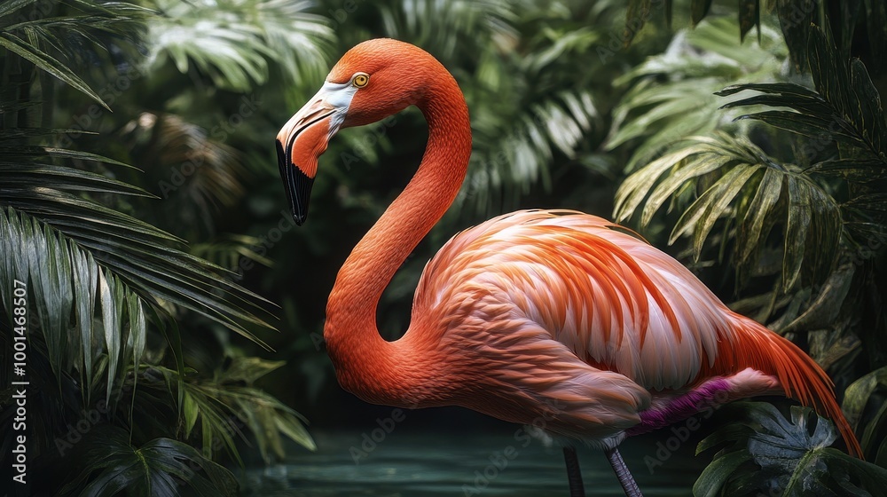 Fototapeta premium A close up of a single flamingo with vibrant pink