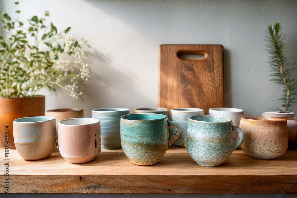 A collection of handmade ceramic mugs arranged on a wooden countertop with plants in natural light A collection of handmade ceramic mugs arranged on a wooden countertop with plants in natural light