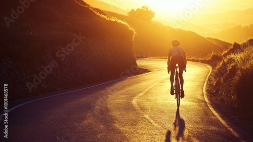 Silhouette of a cyclist riding on a winding road under the warm hues of the setting sun. A serene evening scene embodying the joy of biking.
