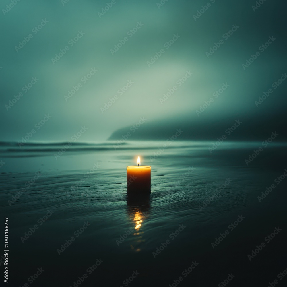 A solitary candle flickers on a misty beach, casting a warm glow against the cool, tranquil backdrop, This serene image is ideal for themes of solitude, reflection, or mindfulness, A solitary candle flickers on a misty beach, casting a warm glow against the cool, tranquil backdrop, This serene image is ideal for themes of solitude, reflection, or mindfulness,