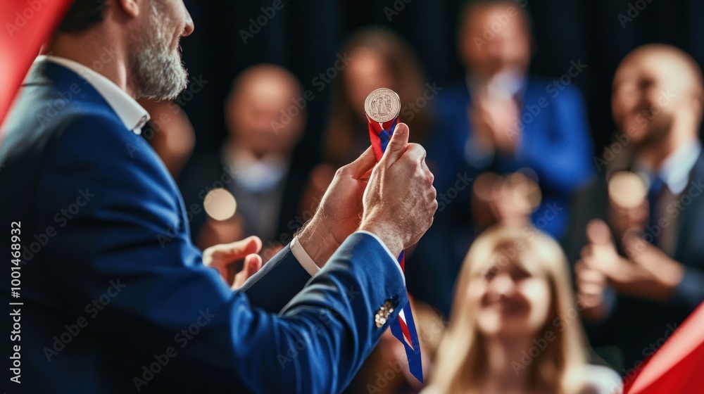 Fototapeta premium A winner receiving a medal at an award ceremony, surrounded by applause and recognition.