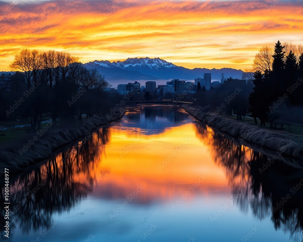 Obraz premium Sunset over the Christchurch city skyline with the Avon River reflecting the warm hues, and the distant mountains silhouetted