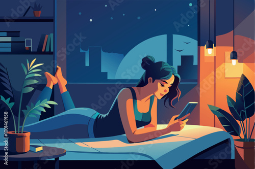 Young woman with insomnia lying in her bed scrolling through her smartphone during late night hours. Female character with sleep disorder, sleeplessness, mental problem. Vector flat illustration