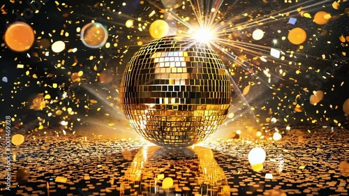 Golden disco ball sparkling with bright lights, confetti, and golden particles against a dark background