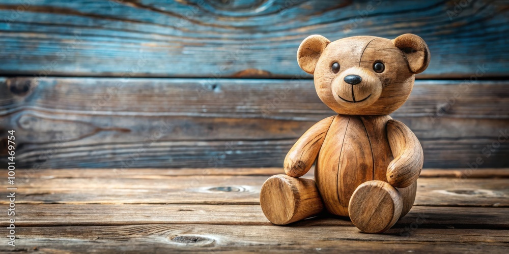 Obraz premium Handcrafted Wooden Teddy Bear Figurine on Rustic Background with Vintage Charm