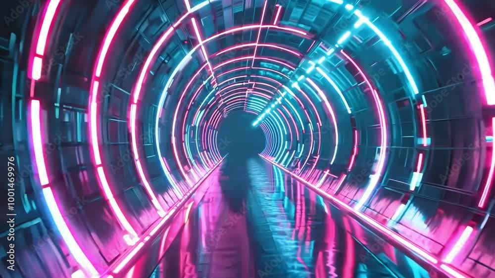 Neon tunnel with glowing pink and blue lights creating an infinite sense of depth and reflection Neon tunnel with glowing pink and blue lights creating an infinite sense of depth and reflection