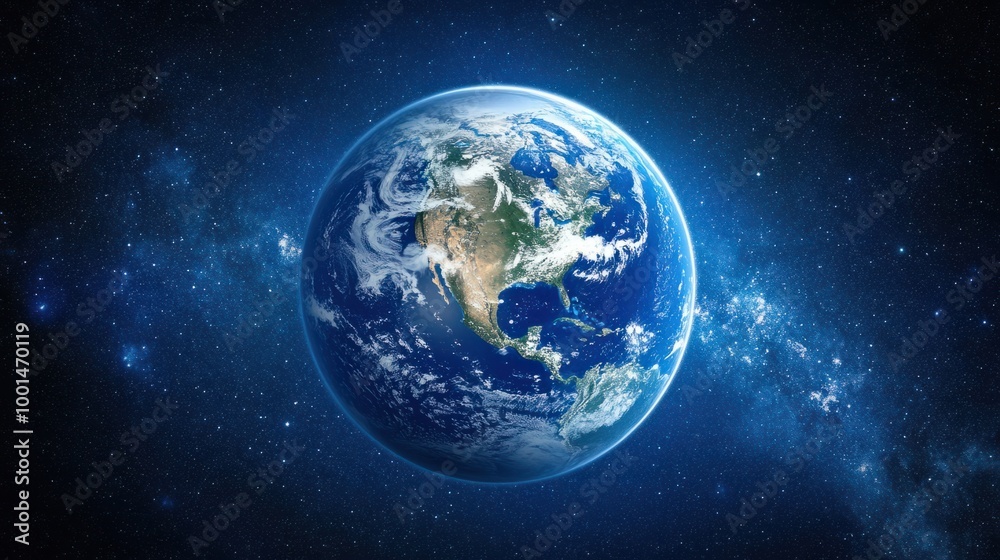 Fototapeta premium A full view of Earth as a blue marble in space, with continents, oceans, and clouds visible under the bright sunlight