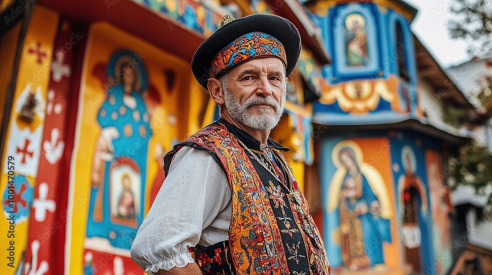 Obraz premium A man in a traditional Bulgarian costume, standing in front of a colorful painted church