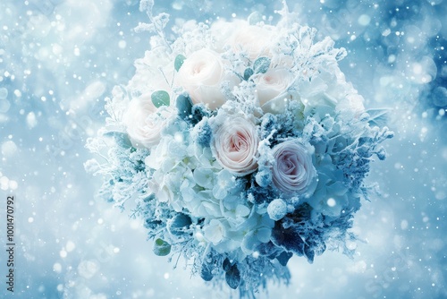 A bouquet of white flowers is displayed in a snowy landscape
