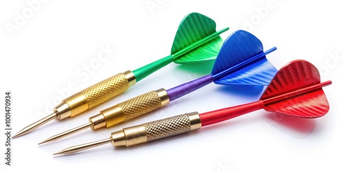 Colorful set of darts in various positions isolated on a white background for game and leisure concepts photo