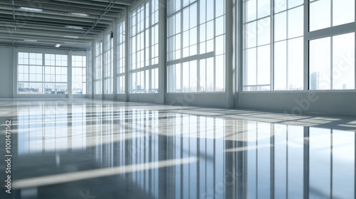 Spacious room with a new shiny epoxy resin floor, reflecting light from large windows. Ideal for office, workshop, or warehouse renovation visuals.