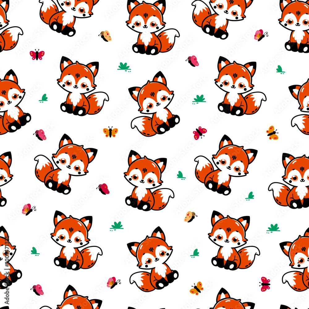 Seamless pattern with foxes and butterflies on a white background, for fabric paper wallpaper, woodland animals and delicate insects in a whimsical and playful style, beautiful red fox cub