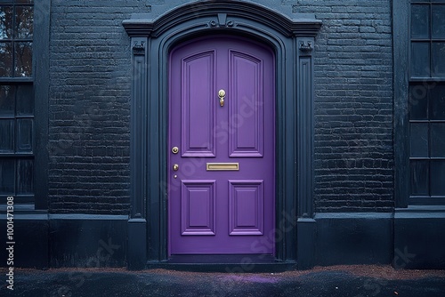 A purple door with a gold handle sits in front of a brick building