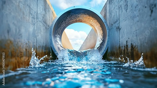 Water Flowing Through Concrete Pipe  Industrial Drainage  Wastewater Management