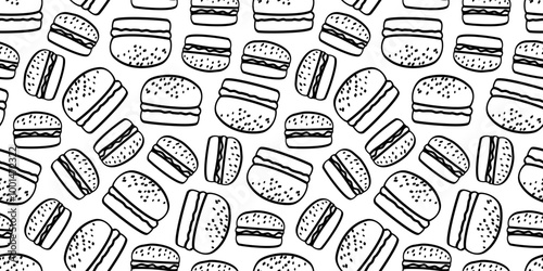 doodle burger pattern background. doodle fast food burger seamless pattern background. seamless pattern of burger in doodle style. Seamless Pattern of a Cheese Burger or Hamburger. hamburger pattern.
