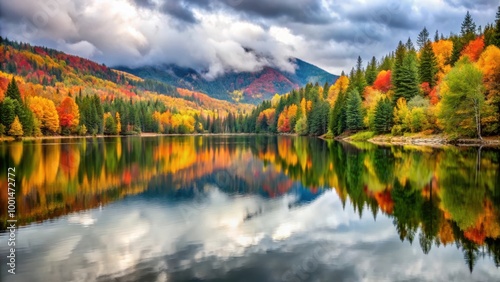 Peaceful mountain lake with autumn foliage offering reflection of the overcast sky