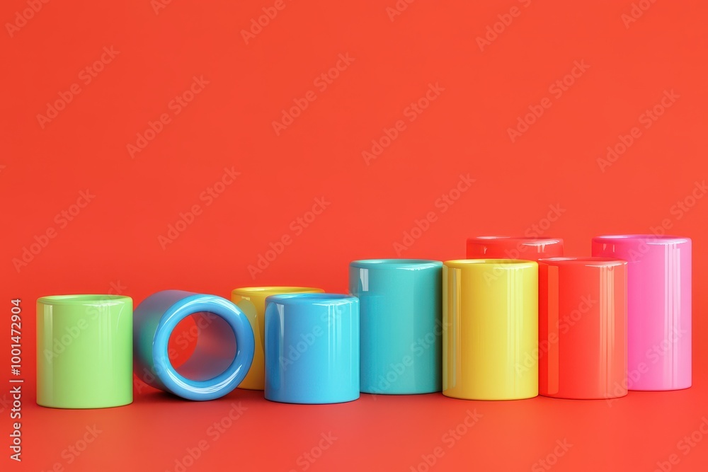 A row of colorful plastic cups are arranged on a red background A row of colorful plastic cups are arranged on a red background