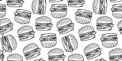 doodle burger pattern background. doodle fast food burger seamless pattern background. seamless pattern of burger in doodle style. Seamless Pattern of a Cheese Burger or Hamburger. hamburger pattern.