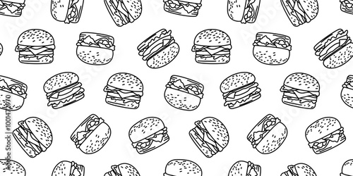 doodle burger pattern background. doodle fast food burger seamless pattern background. seamless pattern of burger in doodle style. Seamless Pattern of a Cheese Burger or Hamburger. hamburger pattern.