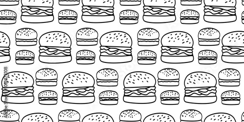 doodle burger pattern background. doodle fast food burger seamless pattern background. seamless pattern of burger in doodle style. Seamless Pattern of a Cheese Burger or Hamburger. hamburger pattern.
