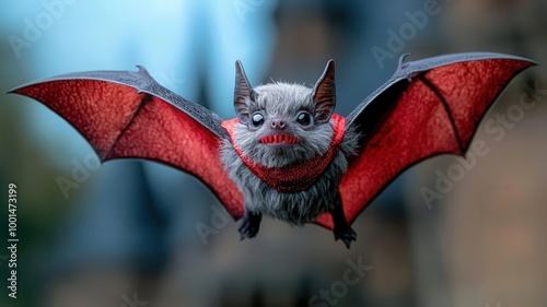 A bat dressed as a tiny Dracula, with a red cape and fangs, flying over a haunted castle, bat Dracula costume, vampire Halloween